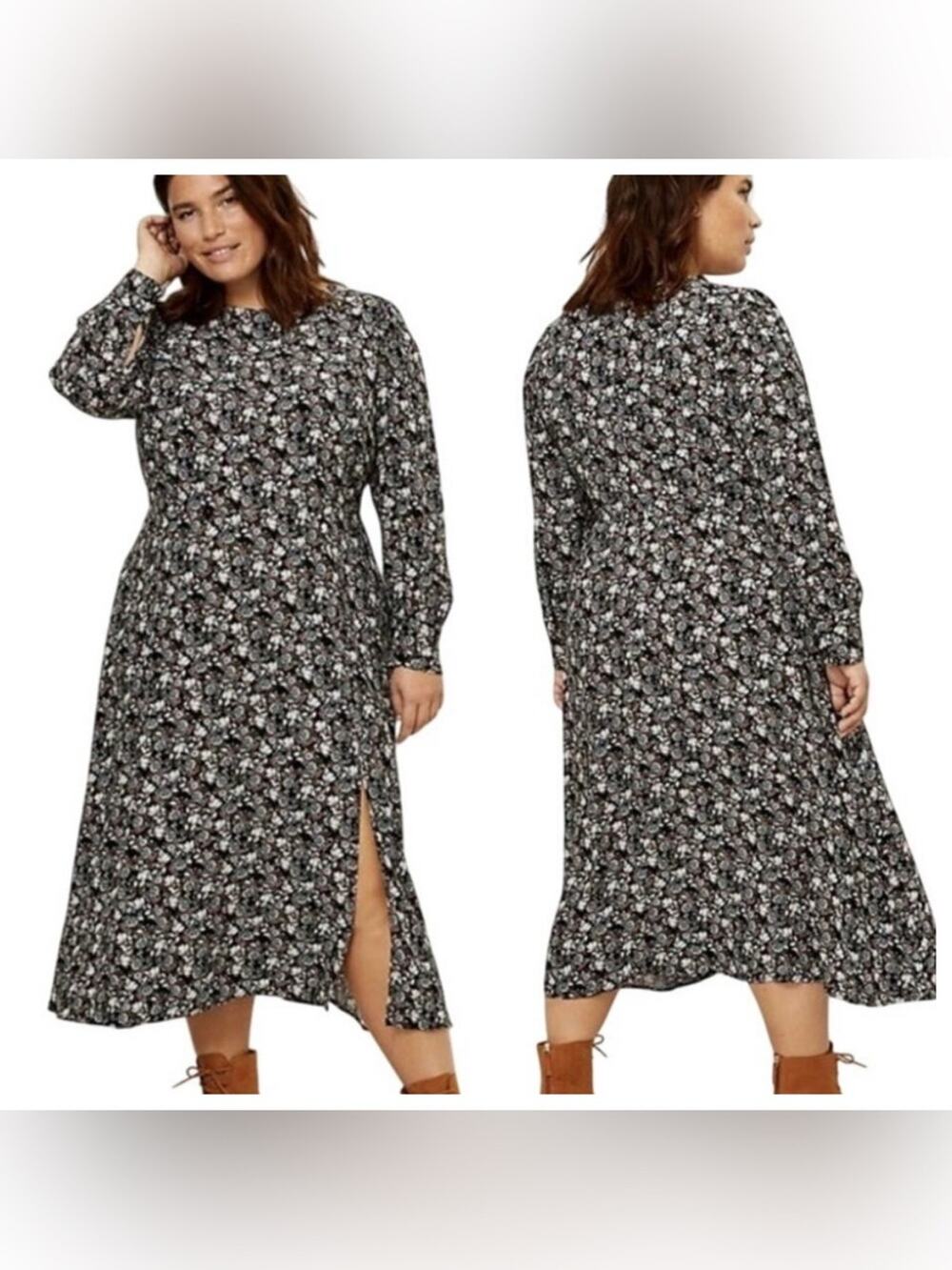 NEW LOFT Black Floral Long Sleeve Midi Dress - Size 10